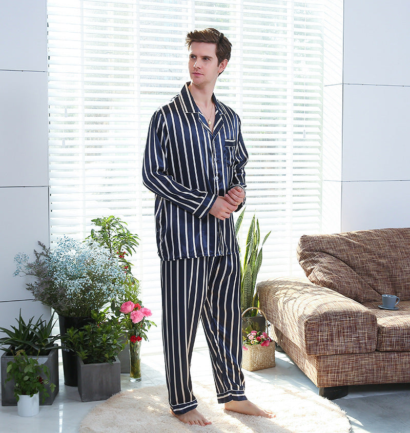 Men’s Simulated Silk Striped Pajamas – Soft and Comfortable Fall Sleepwear Set