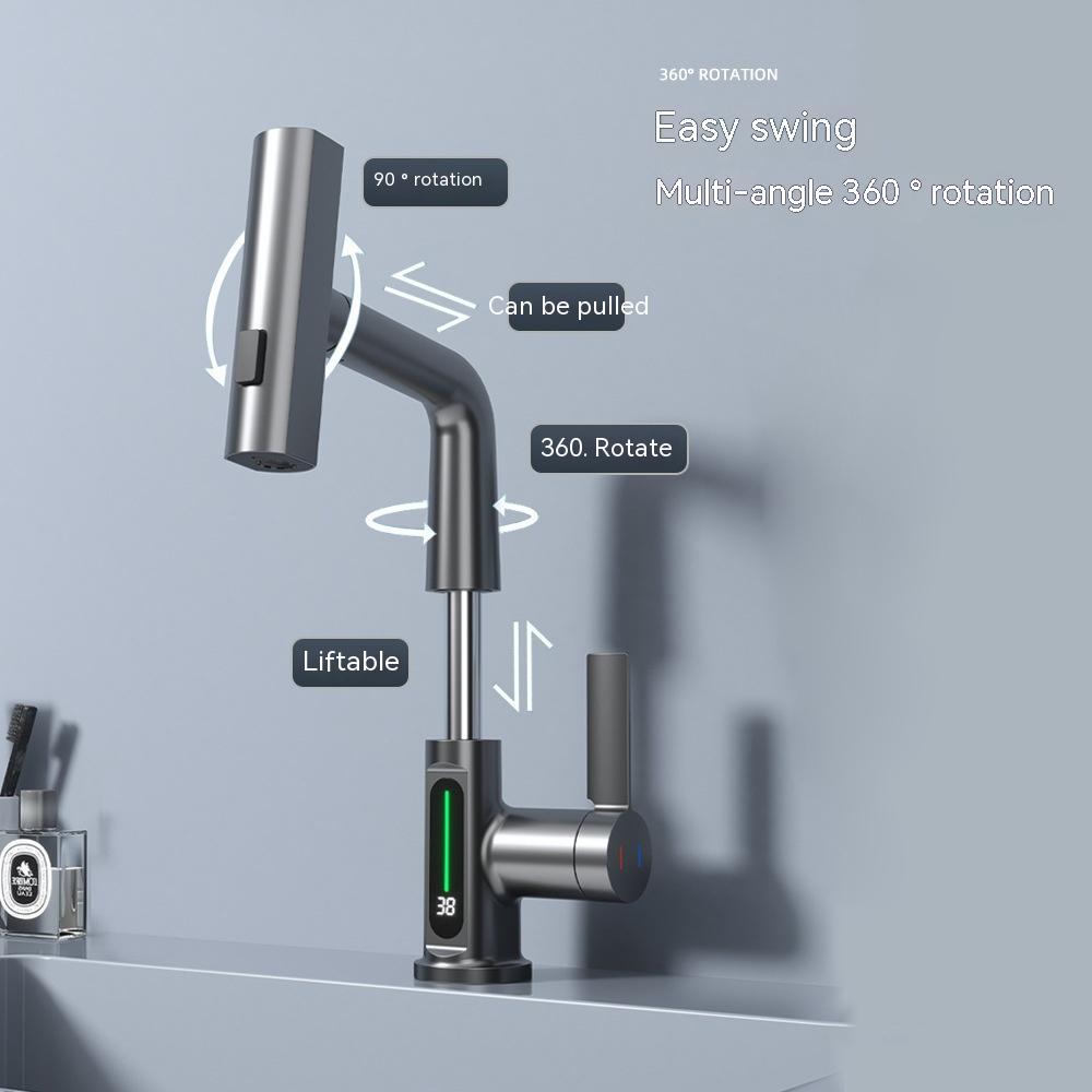 Intelligent Digital Display Pull-Out Faucet – Basin Tap with Temperature Display and 360° Rotation