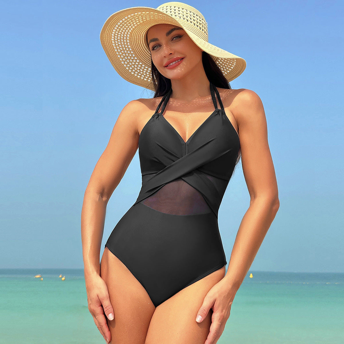 Women’s One-Piece Swimsuit – Pure Color Mesh Bikini-Style Swimwear