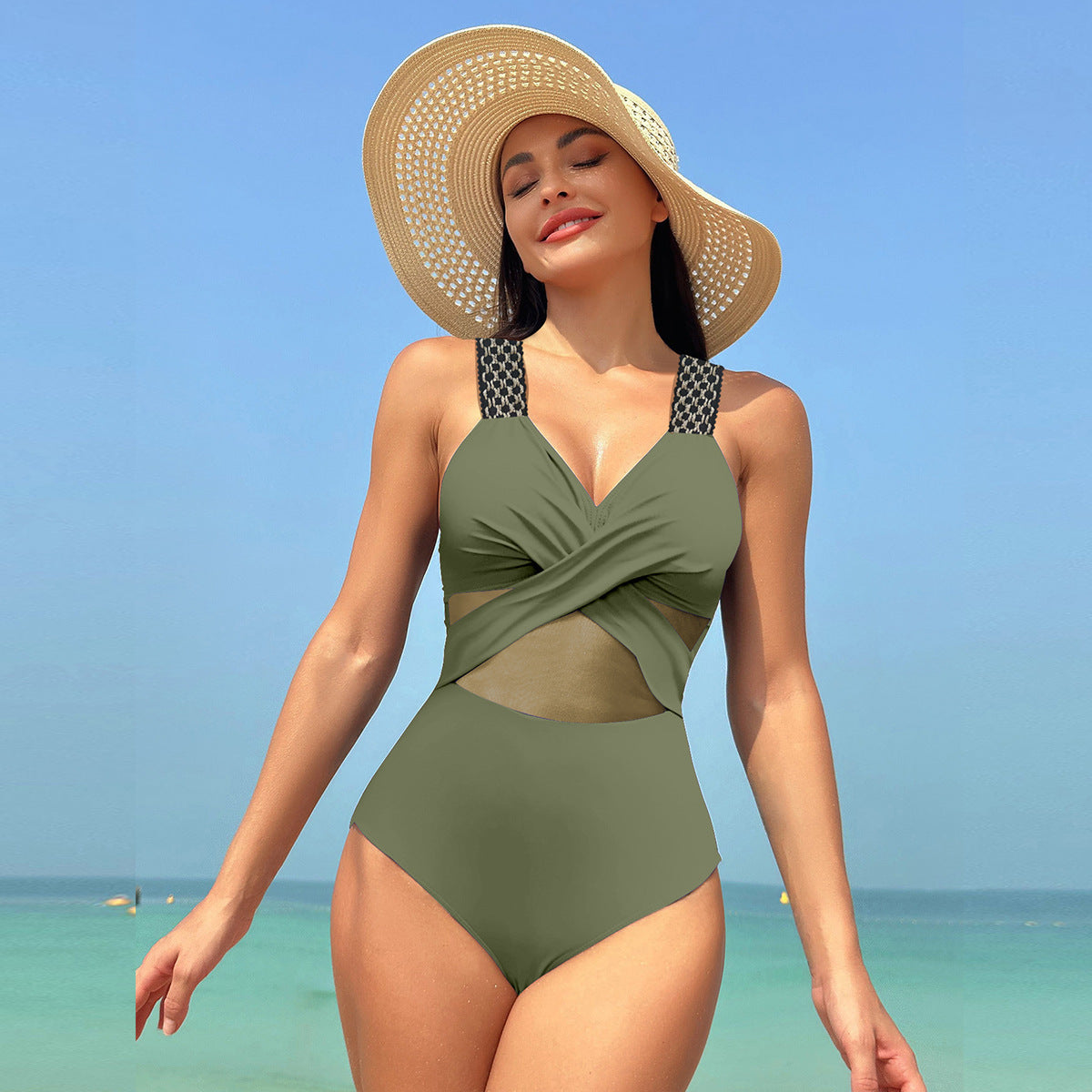 Women’s One-Piece Swimsuit – Pure Color Mesh Bikini-Style Swimwear