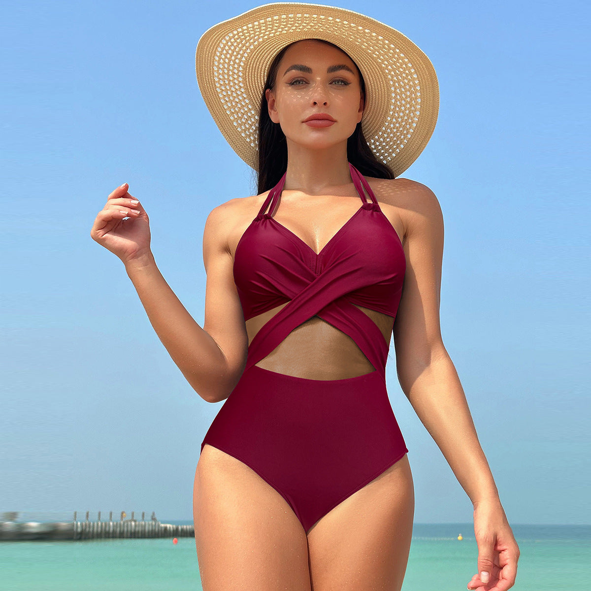 Women’s One-Piece Swimsuit – Pure Color Mesh Bikini-Style Swimwear