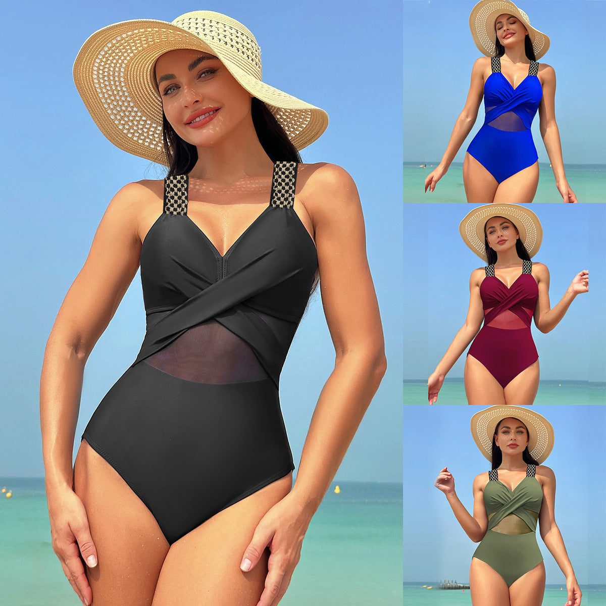 Women’s One-Piece Swimsuit – Pure Color Mesh Bikini-Style Swimwear
