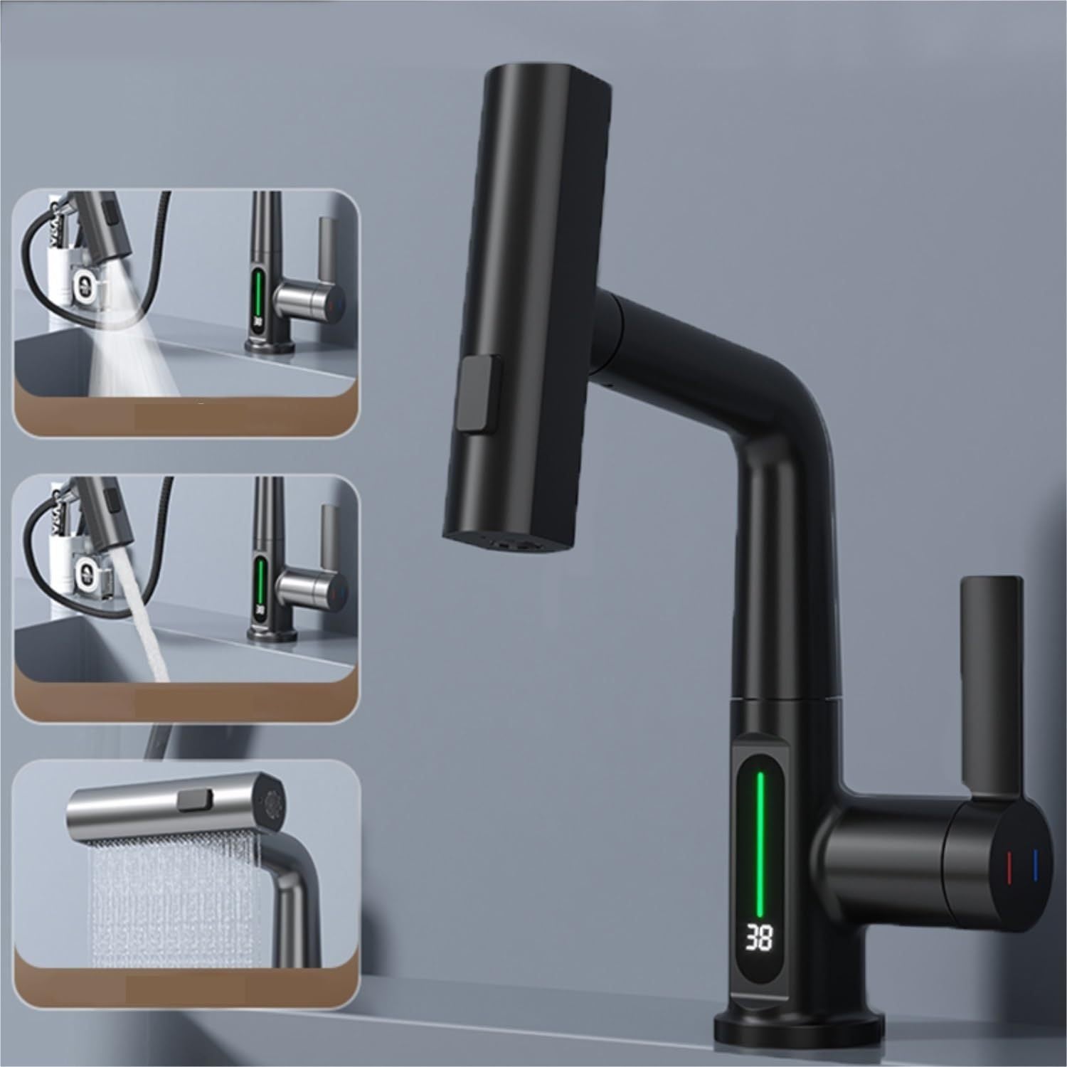 Intelligent Digital Display Pull-Out Faucet – Basin Tap with Temperature Display and 360° Rotation