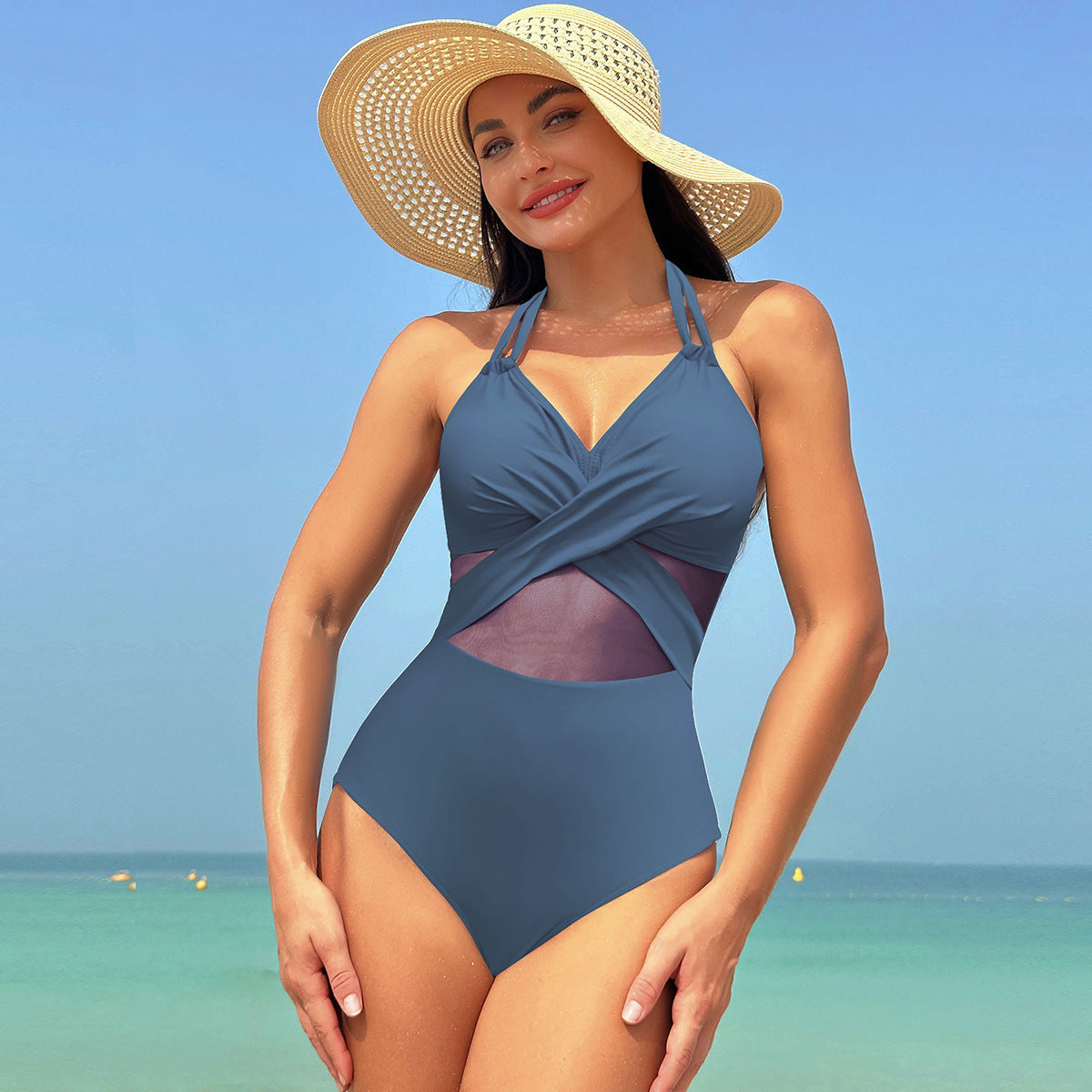 Women’s One-Piece Swimsuit – Pure Color Mesh Bikini-Style Swimwear