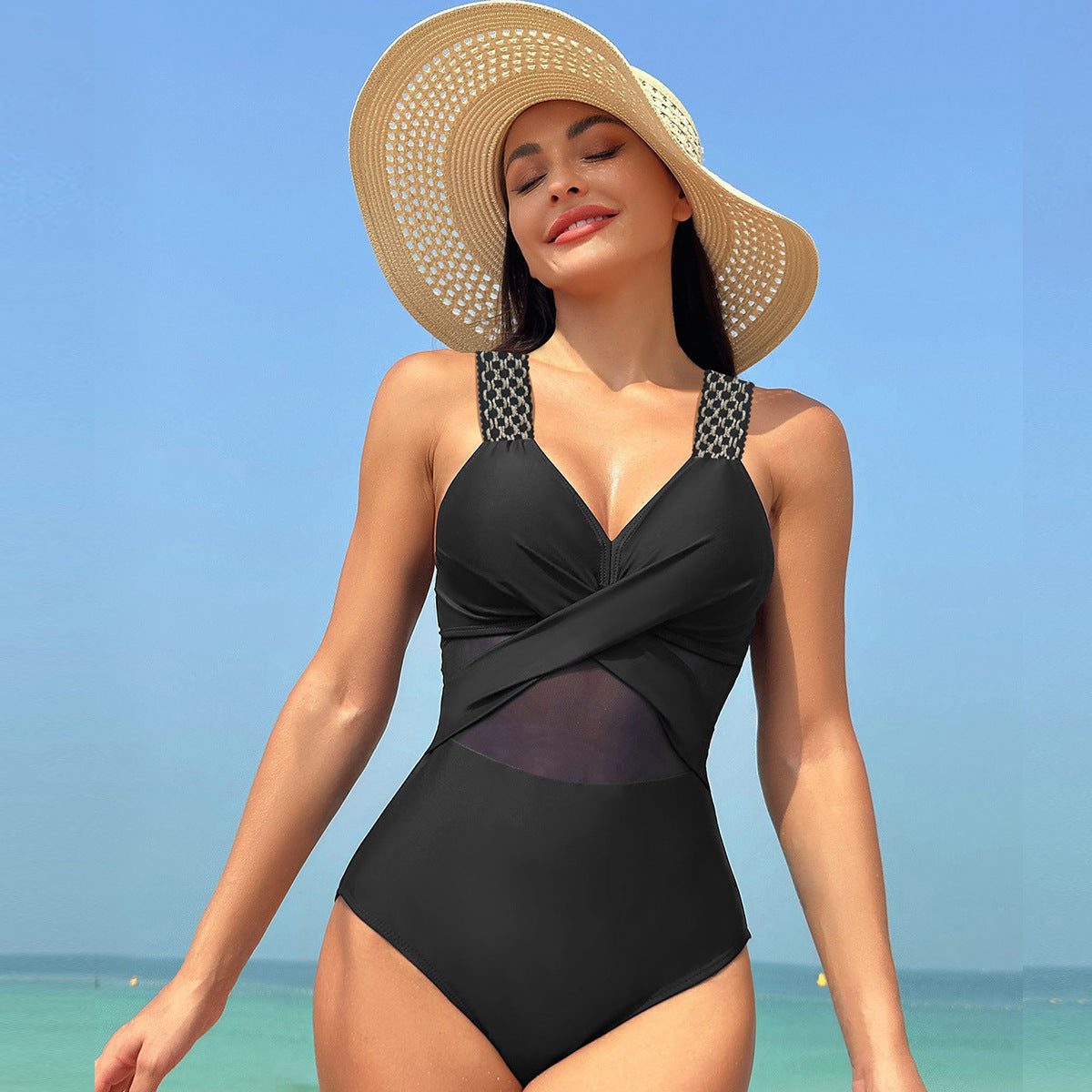 Women’s One-Piece Swimsuit – Pure Color Mesh Bikini-Style Swimwear