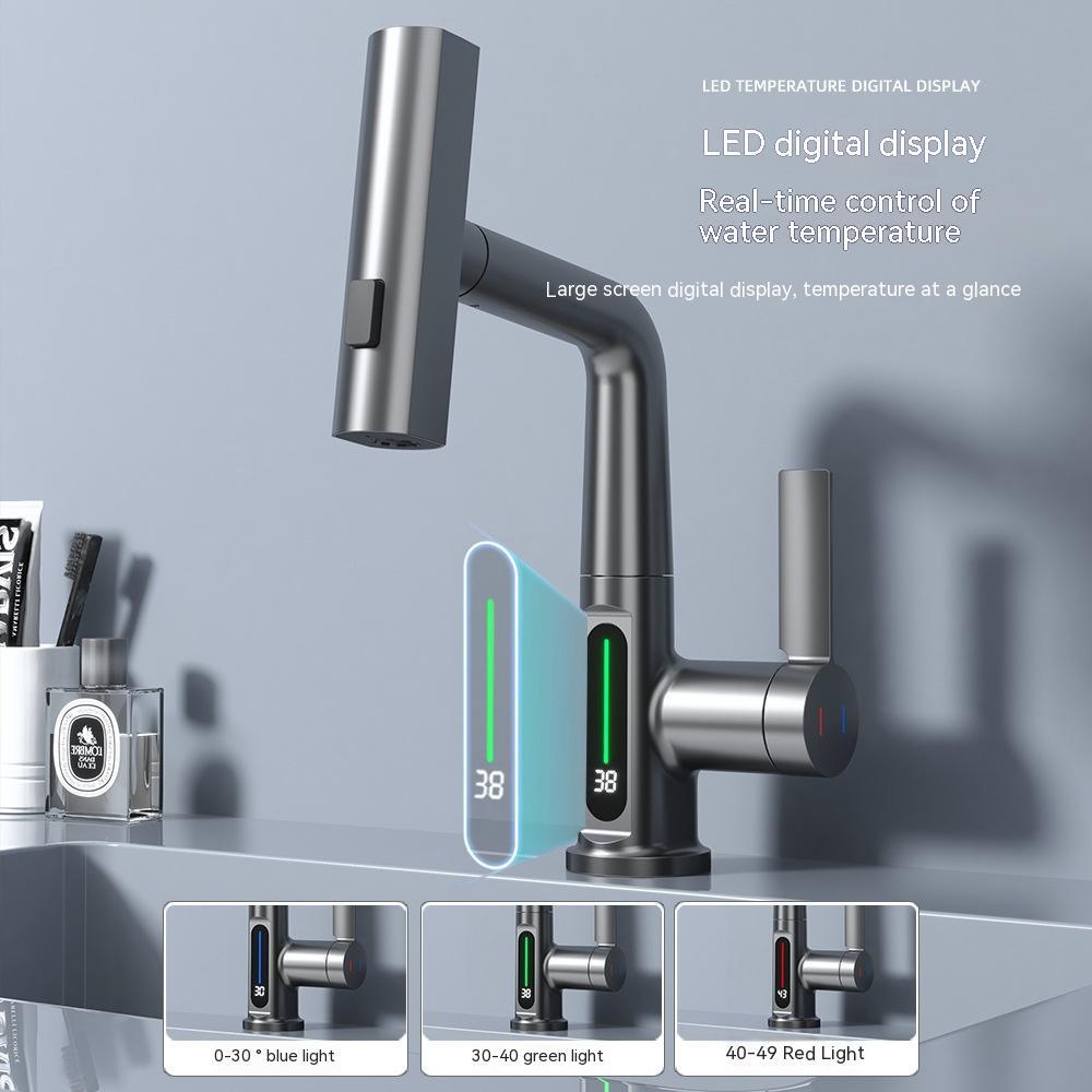 Intelligent Digital Display Pull-Out Faucet – Basin Tap with Temperature Display and 360° Rotation