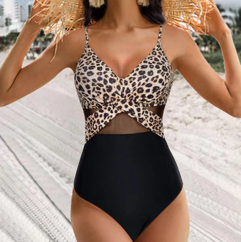 Women’s One-Piece Swimsuit – Pure Color Mesh Bikini-Style Swimwear