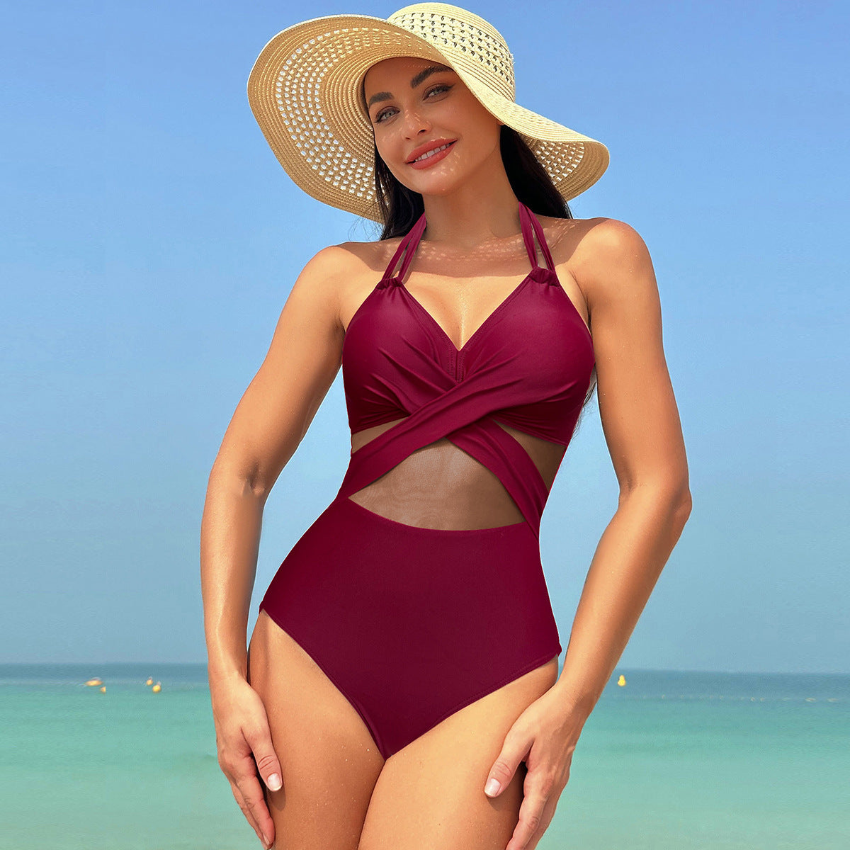 Women’s One-Piece Swimsuit – Pure Color Mesh Bikini-Style Swimwear